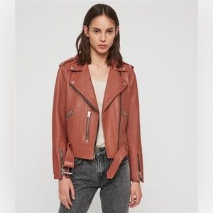 All Saints Balfern Belted Hem Leather Biker Jacket in Rosewood, in size 8